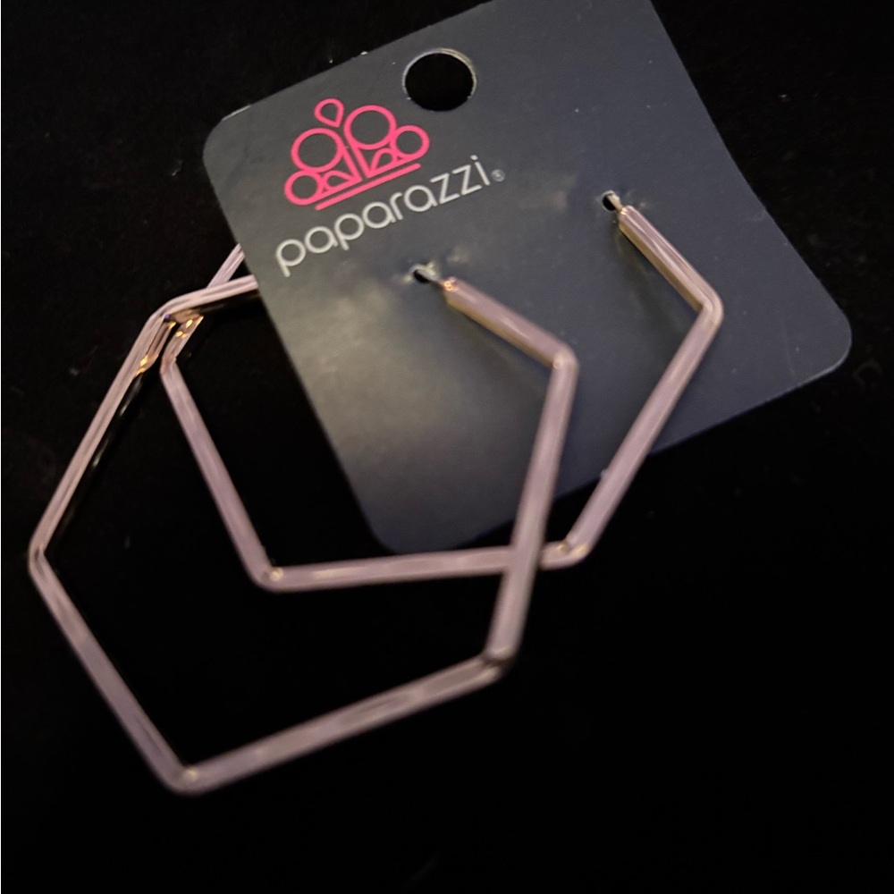 Paparazzi Pink Hexagon Earrings “Metro Metric” (Gold)